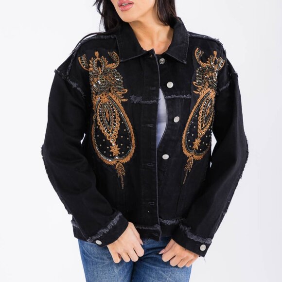 EMBROIDERY STUDS DENIM JACKET - Picture 1 of 4